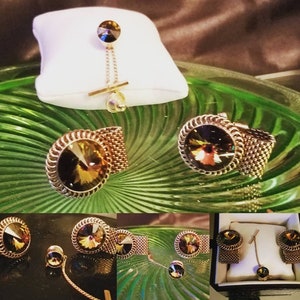 Vintage Cufflinks/Tie Pin set, Amber Prism Crystal , CuffLinks gold  Mesh sides- Unique Classy/elegant Set