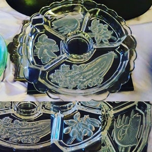 Imperial  Pressed Glass Relish Platter, EAPC Tray 5 Sections, Vegis Etched Bottom Each Section, Celery, Olives or Grapes,Pickles ,Fish, Dip