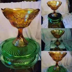 Indiana Glass Marigold Carnival Glass, Harvest Grape & Fruit Bowl/Centerpiece, Iridescent, Embossed Grapes and Leaves, Pedestal, vintage