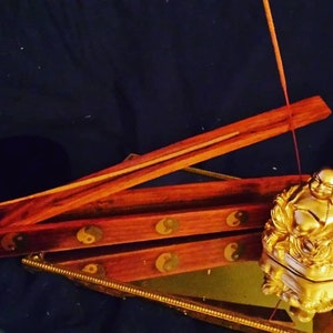 Buddha Incense Burner w/ Cedar Wood Holder/Storage, Brass Ying/Yang on sides; BUDDHA has Hole in Shoulder to hold Incense
