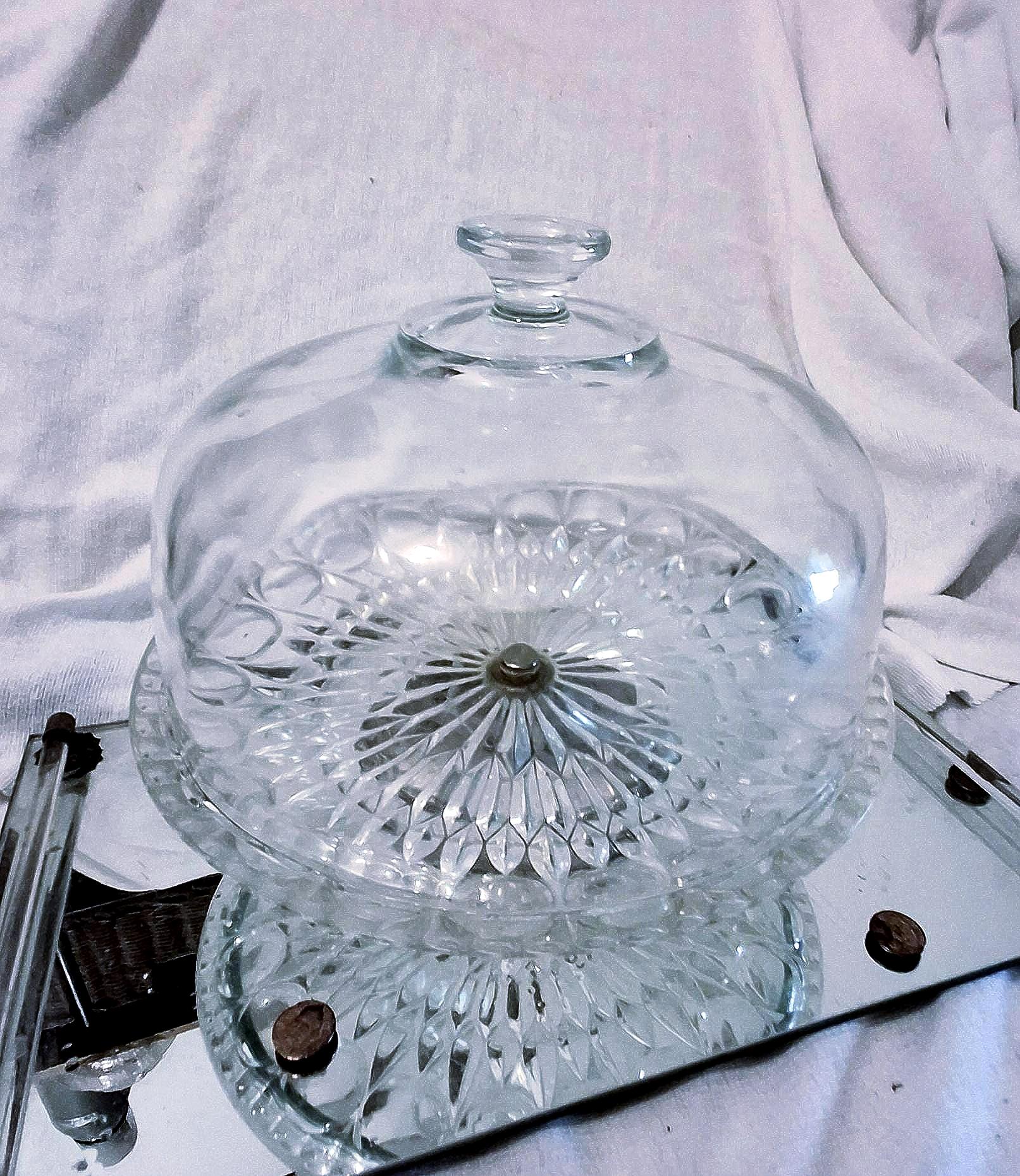 Vintage Italian 1960's Clear Glass Cake Plate W/silver Plate