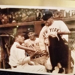 Yankee&#39;s Baseball Plaque Photo from 1937 of Lou Gehrig #4, Joe DiMaggio #5 and Babe Ruth #3, Embossed Baseball Symbol on Plaque, vintage