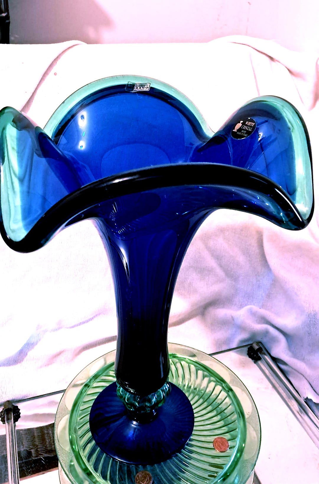 Visual Reference: Vintage Murano White Cristal Very Large Tall Vase Cobalt Blue