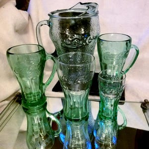 Coca-Cola U.S.A., Green Pebble-Glass Pitcher With Ice Lip (64oz),Coca-Cola Set, different Coca-Cola Glasses by Libbey Glass Co, vintage