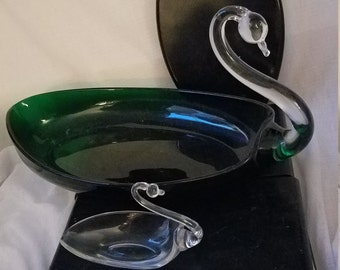 Duncan & Miller/ Pall Mall glass Swan serving dish, Murano/Venetian Clear/Green Glass Swan Dish/ashtray, Large green leaf, clear