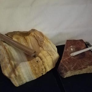 Ashtrays Set of two, Marble/Onyx/Aragonite Ashtrays, Large Cream beige/Brown, smaller one Brown Marble from Arad, Israel-vintage
