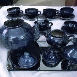 Pottery Blue Drip Glaze Tea Pot w/Dragon spout, Creamer, Sugar, 6 Cups and Saucers; Handmade, Unique Pottery set, 17 pc set, antique