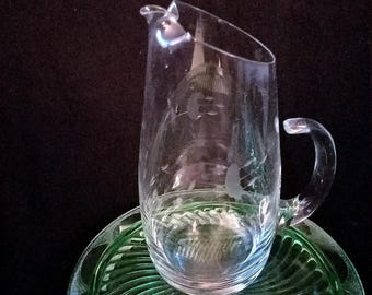 Princess House Heritage 48 oz. Pitcher, Floral Etched, Cat Tail Handle, Made In France, Perfect for juice/margarita&#39;s