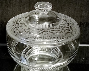 Viking/New Martinsville Crystal clear Cookie/Candy/Nuts/Vanity dish, Raised  Spring Design Etched Frosted Lace Design, Flowers, centerpiece