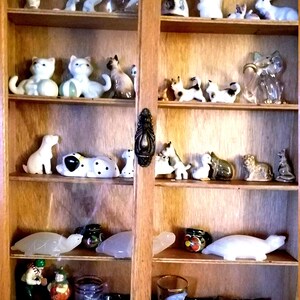 Wood Shelf glass doors, Miniatures Horses, Rabbits, Dogs, Cats, Turtles & More of Collection w/pottery mugs from Mexico etc...37pcs, vintage