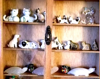 Wood Shelf glass doors, Miniatures Horses, Rabbits, Dogs, Cats, Turtles & More of Collection w/pottery mugs from Mexico etc...37pcs, vintage