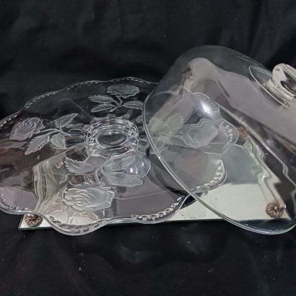 Vintage Mosser Glass Embossed Roses Clear large platter/Cake Stand, Pedestal, Raised, Pressed Glass, Scalloped Edge, Cookies Cupcakes
