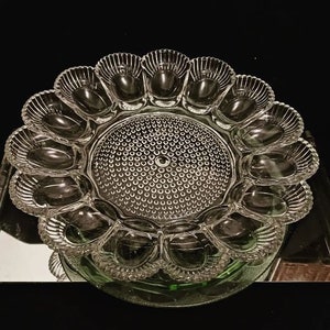 Egg Plate, Indiana Hobnail Pressed Glass Deviled Egg Platter, Heavy Thick Glass, Sparkles in the light, Holds 15 eggs