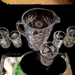 Early American Prescut Pitcher EAPC Star of David Set, Large Pitcher with 5- Prescut Glasses, glass sizes vary, Perfect Set of 6, Vintage