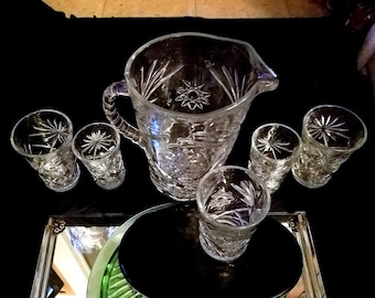 Early American Prescut Pitcher EAPC Star of David Set, Large Pitcher with 5- Prescut Glasses, glass sizes vary, Perfect Set of 6, Vintage
