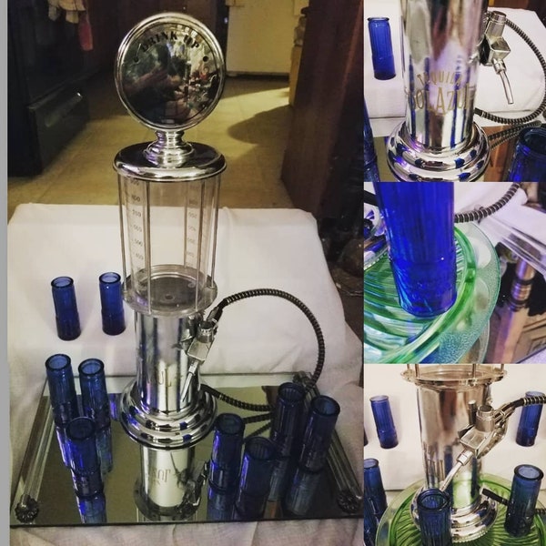 Retro Godinger "Tequila Soul Azul" Dispenser/Gas Pump, Nine Cobalt blue "Corralejo tequila Shot glasses