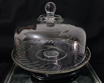 Vintage Federal Glass Cake Plate with Dome Lid glass ball on top, w/Pedestal, half swirl design, perfect for any Occasion