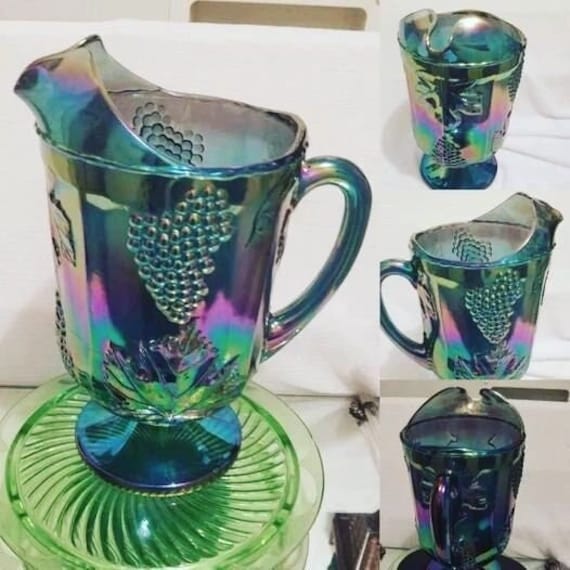 Pitcher Indiana Glass Blue Carnival Glass, Harvest Grape&leaf