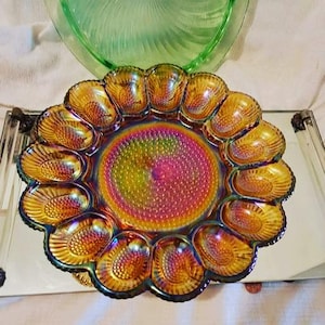 Egg plate Indiana Hobnail Gold/Amber/rainbow Carnival Glass, Deviled EggPlate, Heavy Thick Pressed Glass, sparkles, Holds 15 eggs, vintage