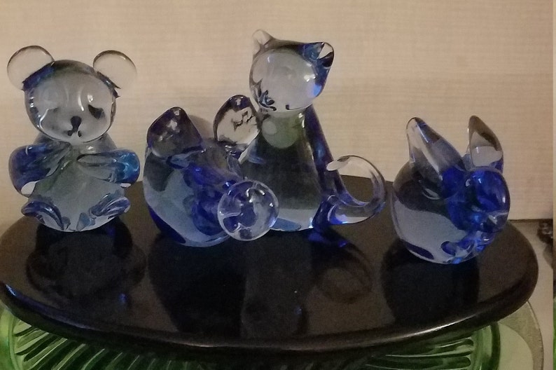 Creative Fine Art Gallery Blue glass, five, Aardvark, Rabbit, Bear & Cat, Elephant Glass Figurines, Excellent condition, vintage image 5