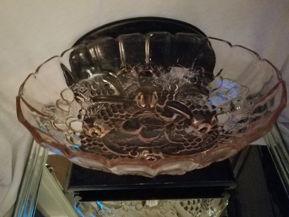 Indiana Glass Pink Footed Oval Bowl, Grapes & Leaves Pattern, Rare