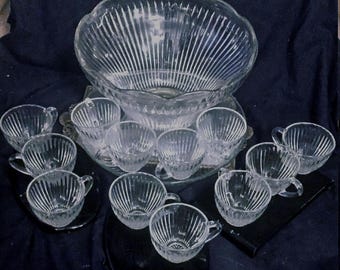 26 Pcs. Yorktown Clear Punch Bowl Set - Jeannette Glass Company - 12 Cups -  Bowl- Ladle - Hooks --ships for Free EX - Pressed Oval Design - Etsy