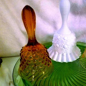 Beautiful Two Bells, White LE Smith, Milk glass Bell, Fenton Glass Bell Amber Hobnail Bell, sold separately, vintage