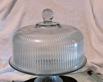 Ribbed Glass Cake Dome cover /Pedestal frosted cake plate/Cupcake Stand, Anchor Hocking Monaco, 2 in 1 doubles as Punch Bowl, vintage
