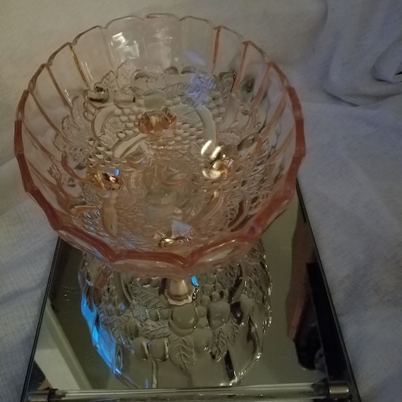 Indiana Glass Pink Footed Oval Bowl, Grapes & Leaves Pattern, Rare