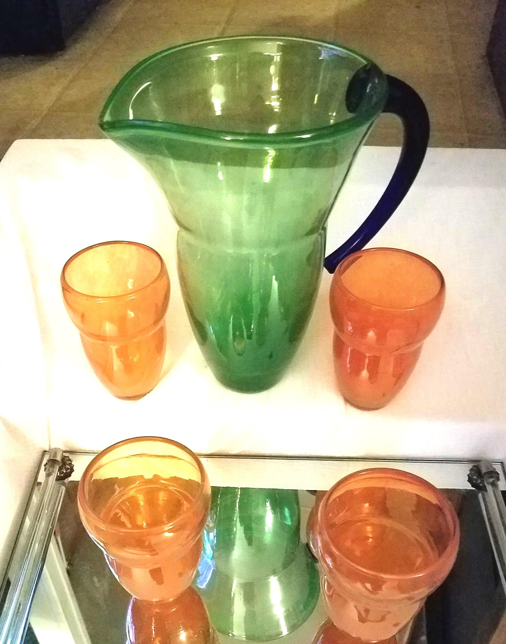 Artisan Hand Blown Green Glass Pitcher W/blue Handle, Eclectic, 4 ...
