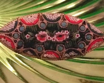 Millefiori Brooch Green, white, blue ,Micro Mosaic glass/Stamped Made in ITALY /1930&#39;s Retro Brooch, Eye shaped, vintage