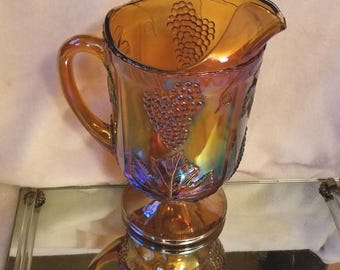 Pitcher Indiana Glass Marigold Carnival Glass, Harvest Grape & Leaf, Iridescent, Embossed Grapes and Leaves, Ice Lip Spout,Pedestal, vintage