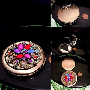 Mirrored Compact, Vintage Jeweled Rhinestone and Cabochons, Ornate Cast brass Floral Design -1950&#39;s - Mirrored Compact, Recuerdo of Taxco