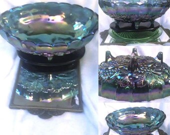 Indiana Blue Carnival glass, Grapes & Leaves Pattern, Footed Oval Large Bowl, thick heavy Glass (Rainbow of Color), vintage