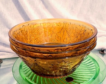 Indiana glass, Tiara Amber stacking Glass Bowls, Set 0f 3 Depression Era Perfect for anything- Beautiful!