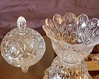 Crystal Candy/Vanity dish Imperial Glass, Rows of X&#39;s line the Dome Lid, Bottom Petal Floral or Leaf Shaped  Rim Edge of dish,  Crystal