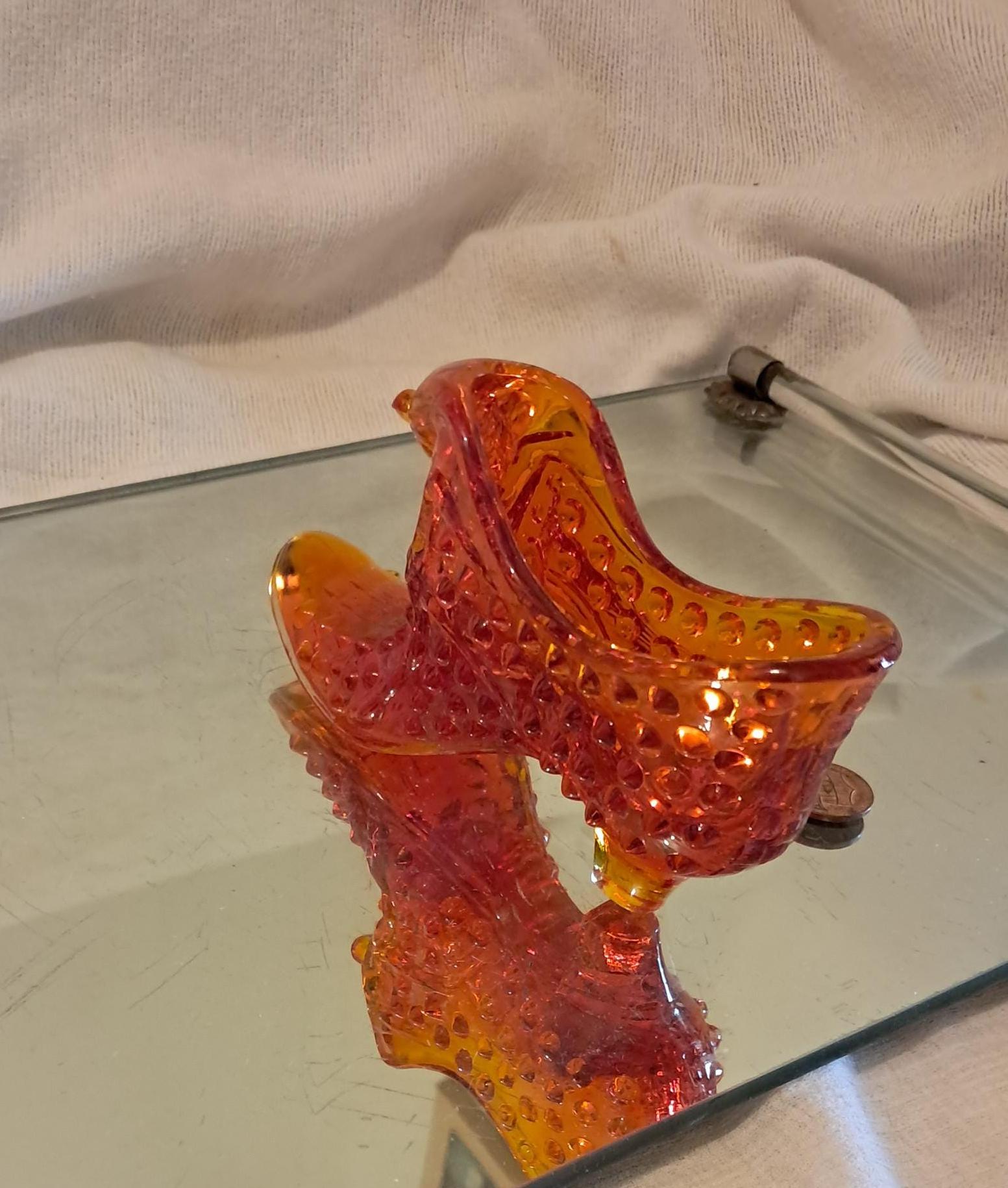 FENTON Orange Glass Shoe, Hob Nail Orange Glass, Front of Shoe Cat