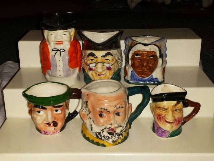 Toby Cups, Set 7 Different Toby Mugs, Hand Painted Vintage Toby