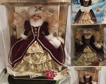Barbie Happy Holidays, Edición especial coleccionable de 1996, Borgoña, traje dorado y blanco, Hermosa edición de coleccionista, vintage