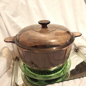 Vintage Vision Ware Glass Roaster ribbed interior w/ Lid, Brown Tint Teflon base, Made in France, Corningware lg 14-1/2 length from handles