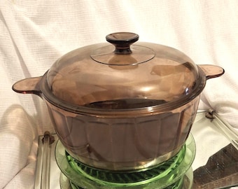 Vintage Vision Ware Glass Roaster ribbed interior w/ Lid, Brown Tint Teflon base, Made in France, Corningware lg 14-1/2 length from handles