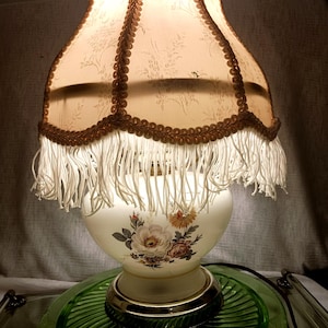 Boudoir side table lamp, Antique yellow floral, Victorian Brocade Lamp Shade Fringed Ivory Fabric French Style bell, office, bedroom