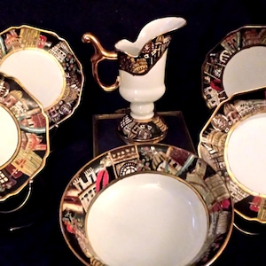 Pitcher and Wash Basin,4 Decorative Plates, Hand painted Each differently, Baroque Design,Houses, Mosque's Castles, Oriental, Antique