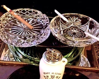 Whiskey Jug Lighter & Imperial Crystal Ashtray&#39;s 2, Lighter, White Ceramic/Blue/Silver Lighter, ; Cigar Ashtrays, vintage,  sold separately