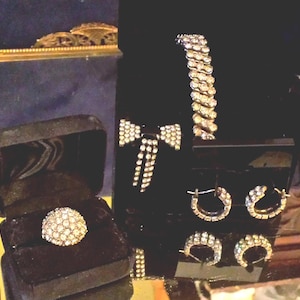 Rhinestone Stretch Bracelet, Pierced Earring Set, Brooch, Ring; Great Set for Glamorous Elegant Evening, Prom, party, mid century, vintage