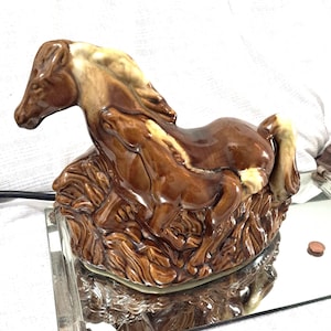Horse Lamp TV Light, mare & colt Lamp, Ceramic Drip Glaze, night/mantle Lamp, 1950’s Made in USA. Try w/different color bulbs, vintage
