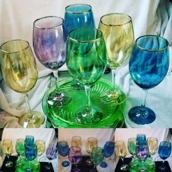 Cristal imperial Seis copas de vino grandes de colores con bordes dorados,  2 dorados, 2 azules, 1 verde, 1 púrpura, hermoso juego -  México