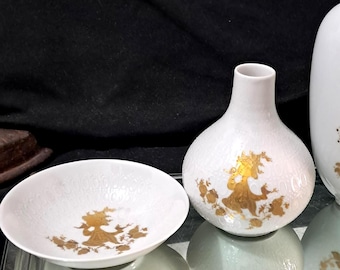 Rosenthal Germany, Studio Line signed Bjorn Wiinblad, PRIMAVERA Quatre Couleurs, Small Vase & bowl oriental gold fan detailing, Vintage
