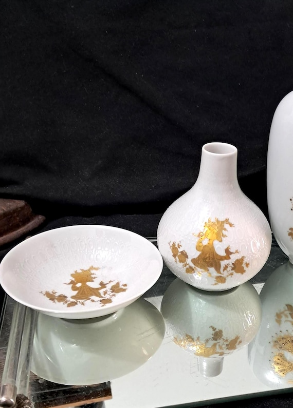 Rosenthal Germany, Studio Line signed Bjorn Wiinblad, PRIMAVERA Quatre Couleurs, Small Vase & bowl oriental gold fan detailing, Vintage