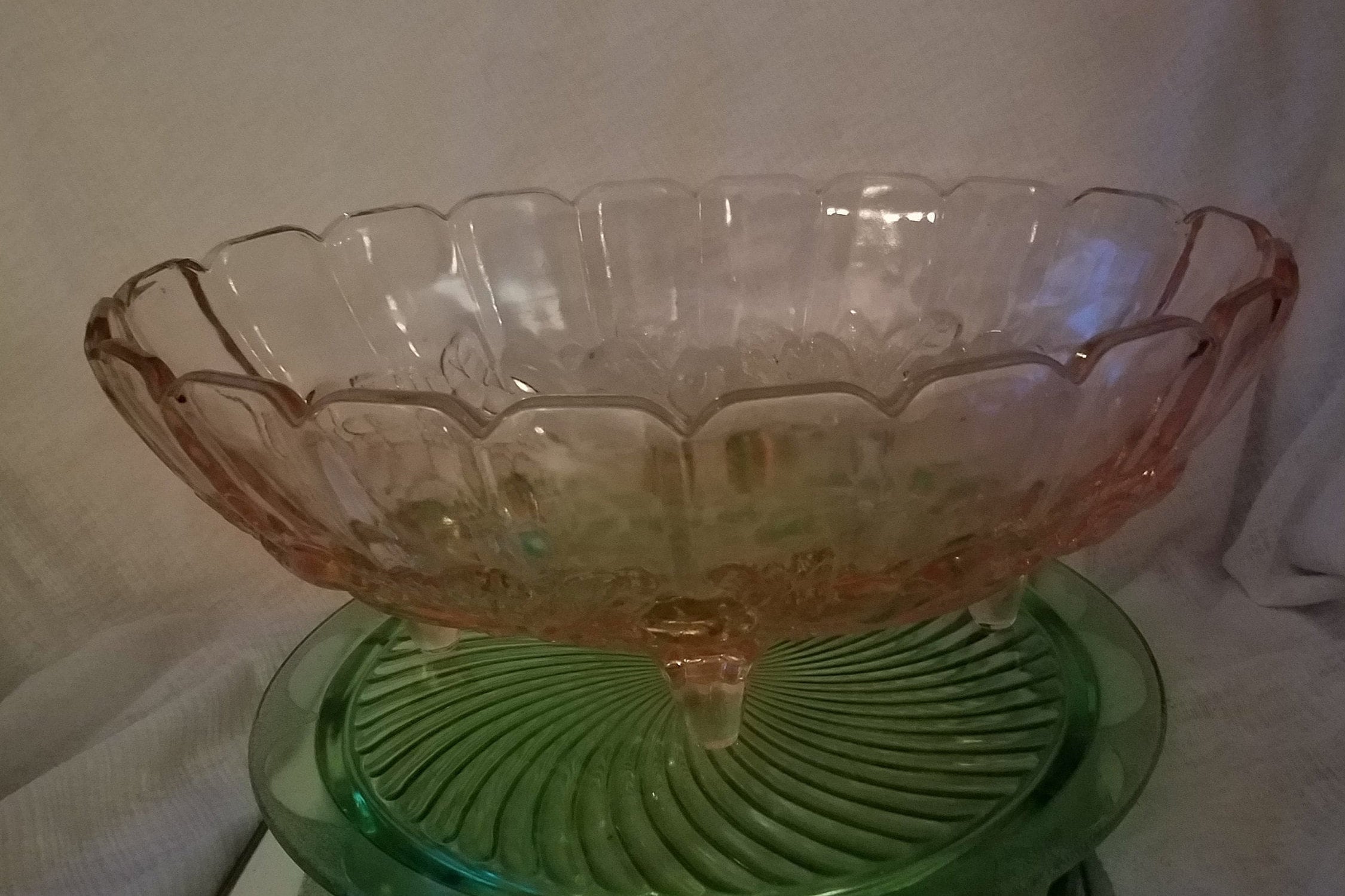 Indiana Glass Pink Footed Oval Bowl, Grapes & Leaves Pattern, Rare